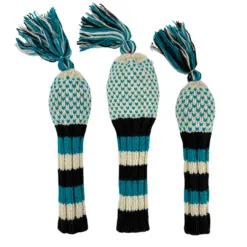 teal, black and white knit headcovers